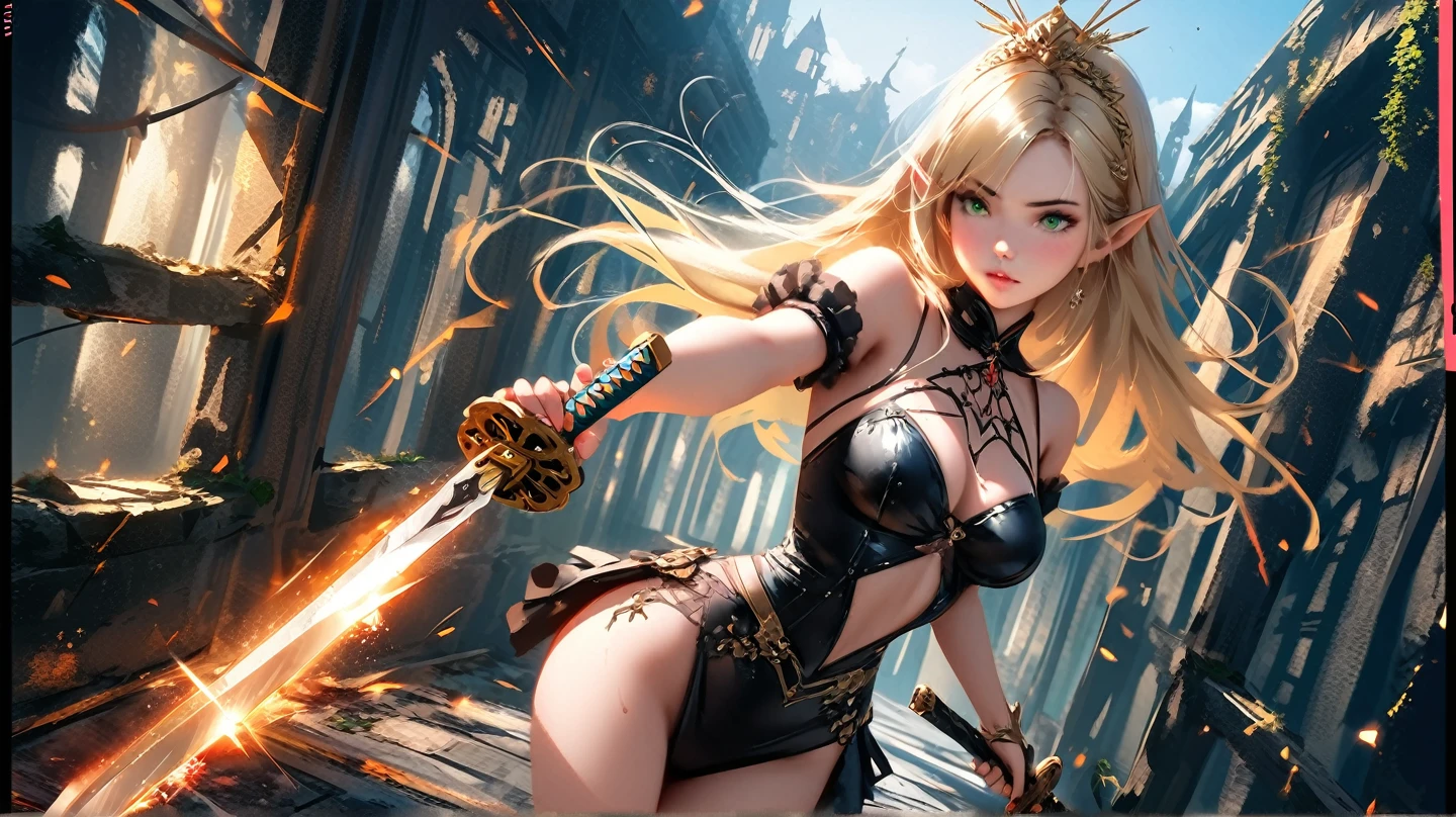 (((Avril Lavigne))), ((bodybuilder)), ((H-cup breast)), silver colored eyes, 24 years old, smiling, posing, busty, superhero flying through the sky, ((full body Roman armor)), in the battlefield, ((magic fire sword))