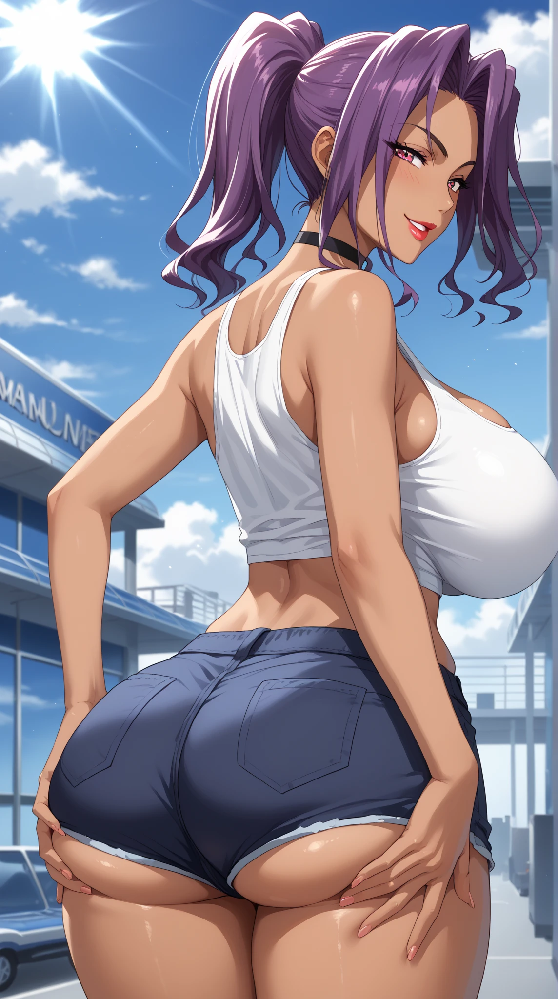 Aoi Asahina, white tanktop, dark brown hair, mid long hair, blue eyes, young adult, 30 years old, beautiful face, light smile, city backround, put your hands behind your head, armpits, armpits visible, sweaty armpits, asahina aoi, very large breasts, dark brown hair, blue eyes , wearing white tanktop,