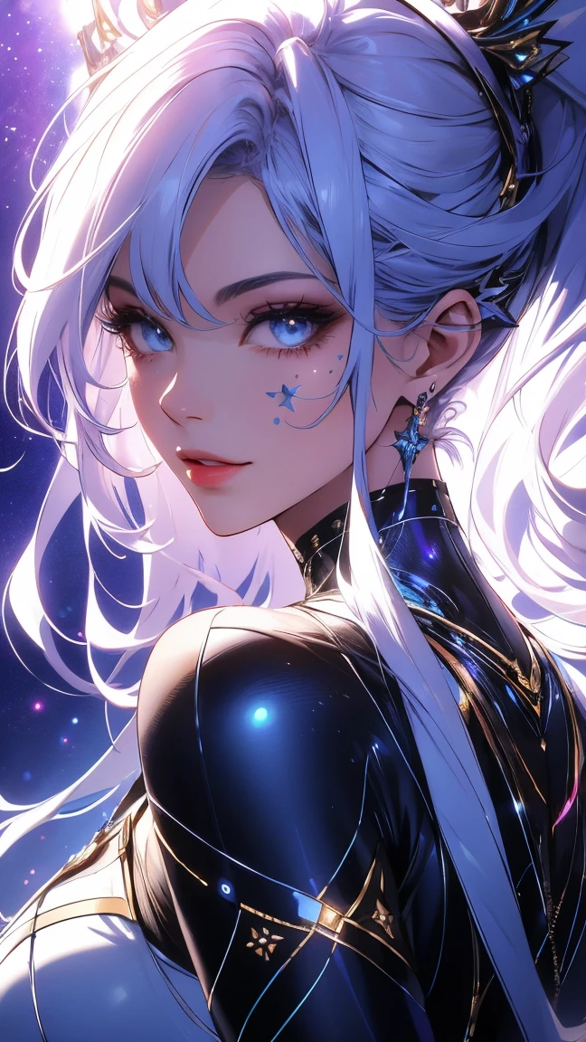 (Spidergwen in a black and gold spidersuit),(((black and gold spidersuit))) masterpiece,(best quality:1.2),(ultra-detailed:1.2),illustration,( extremely delicate and beautiful:1.2),cinematic angle,(beautiful detailed eyes:1.1),(detailed light:1.1),cinematic lighting,beautifully detailed sky,light blue hair,(pink eyes),glowing eyes,(moon:1.2),(moonlight:1.1),starry sky,(lighting particle:1.1),bloom,perfect face and makeup,realistic face,big boobs,(photorealistic),((best quality)),((masterpiece)),((realistic)),((high detailed)),((high detailed skin)),Dark soft shadows,Warm Softlight:1.5,(Shiny),half body,