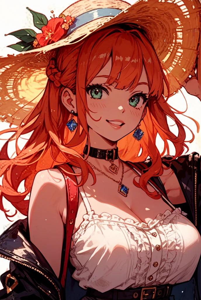 (masterpiece, best quality), intricate details, 1girl, age 19, orange hair, nami, nami \(one piece\), orange eyes, long hair, plain red halter neck mini dress, no design on dress, sleeveless, high neck, stylish clothes, body fit, I cup breasts, plain background, medium contrast, subject fully visible, full subject in frame, wearing a straw hat on head (\subject posing for a photoshoot\).
body measurements- B98-W58-H88 (38.58"-22.83"-34.65"), single person, upper body shot, straw hat on head, 