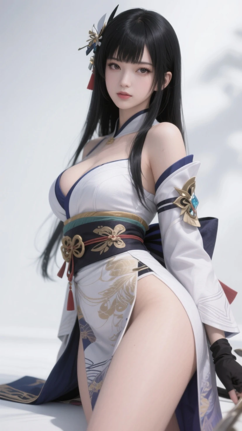 Photorealistic, high resolution, A Japanese Police woman named Kimmi, solo, heavy makeup, Hips up, (standing) (Detailed face), Black hair, Long hair, blue and white corset, white lace Panties , blue micro skirt, fishnet Stockings. Fully clothed.
