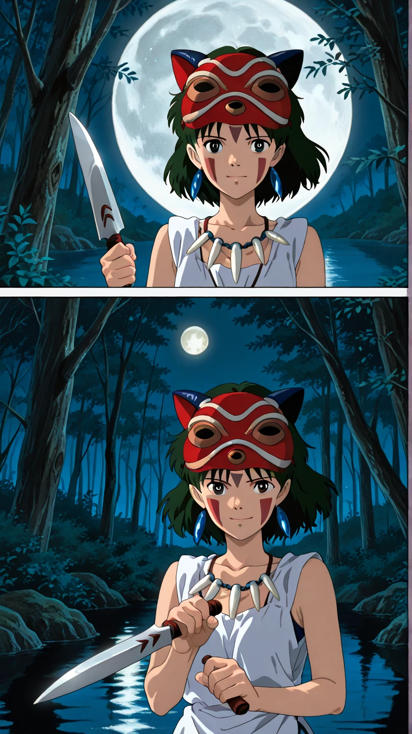 score_9, score_8_up, score_7_up, zPDXL, Ghiblistyle, 1girl, solo, looking at viewer, short hair, open mouth, brown hair, brown eyes, jewelry, earrings, necklace, bare arms, night, headband, facial mark, grass, facepaint