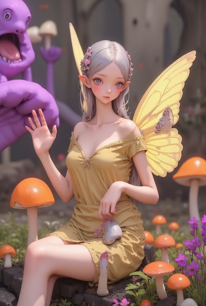 1girl, cute, teen, slender, round face shape with angular jaw, blonde with bangs, grey eyes, ???????, picking wet pink colorful mushrooms in a celestial forest, sunshine, stripe socks, pink skirt, hhorny touch, windy