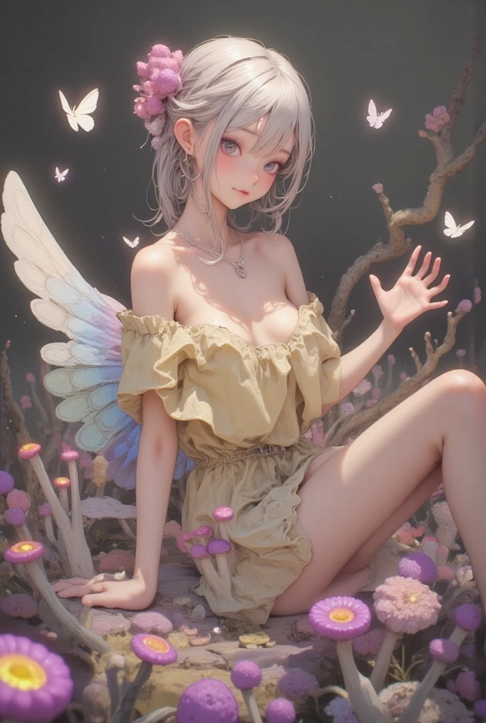A very cute 5-year-old girl crouching and opening her mouth, revealing a naked body, nude, NSFW:1.1, intimate, innocent, playful, gentle, warm, soft lighting, pastel colors, dreamy, magical, girlish, whimsical, fairy tale, fantasy, watercolor painting, bokeh, fairy wings, flowers, butterflies, soft focus, soft textures, delicate details, high resolution, best quality, HDR, professional photography.