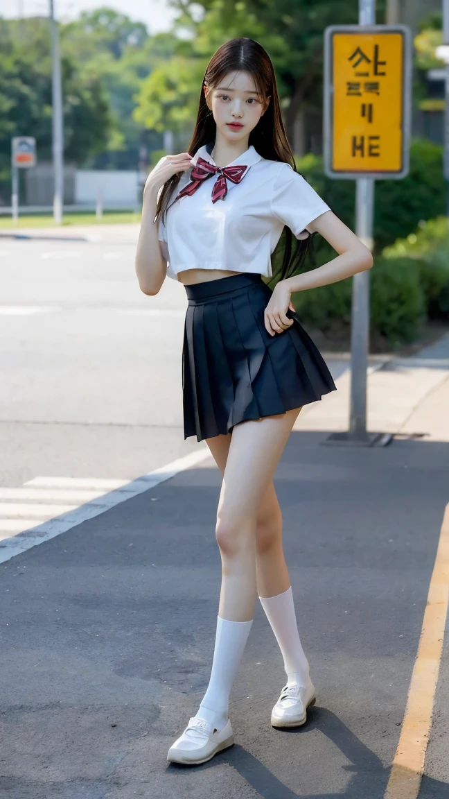 Embarrassed Korean girl, schoolgirl, skirt, fallen over, panties, hyper realistic, photograph, sunlight, cute, tiny, human, full body, masterpiece, upskirt