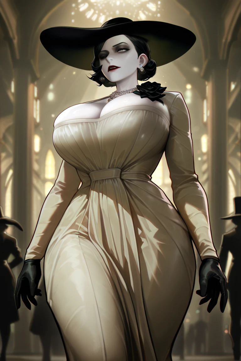 { - anatomy error} (masterpiece, best quality) 1girl, LadyDimitrescu, light skin, black hair, black flower, black rose, jewelry, breasts, necklace, hat, solo, yellow eyes, flower, dress, makeup, cleavage, pale skin, looking at viewer, earrings, lipstick, red lips, pearl necklace, rose, large breasts, smile, short hair, black dress, black headwear, whole body, sun hat, grin, mature female, writing, walking, dynamic poses, mouth closed. Different posture. Very sexy, with chin resting on shoulder. Get ready to dive into a world where beauty and craftsmanship merge perfectly.