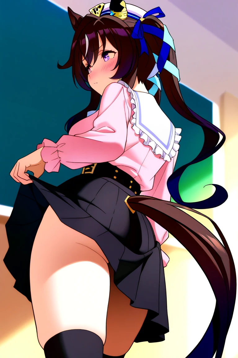 Witch Hat (Brown Hair) Long Hair (Small breasts) (Purple Eyes) (((child))) (Slanted Eyes) (low length),(Turn around) (((solo))), Embarrassed, blush, uniform、(I'm pulling up my skirt) (((A girl farts)))Standing with legs together
、(Holding on)((Her butt is facing me)) ((Loli face)(((Yellow gas leaking from the anus)))(((High quality eyes)))((Anal Hole))