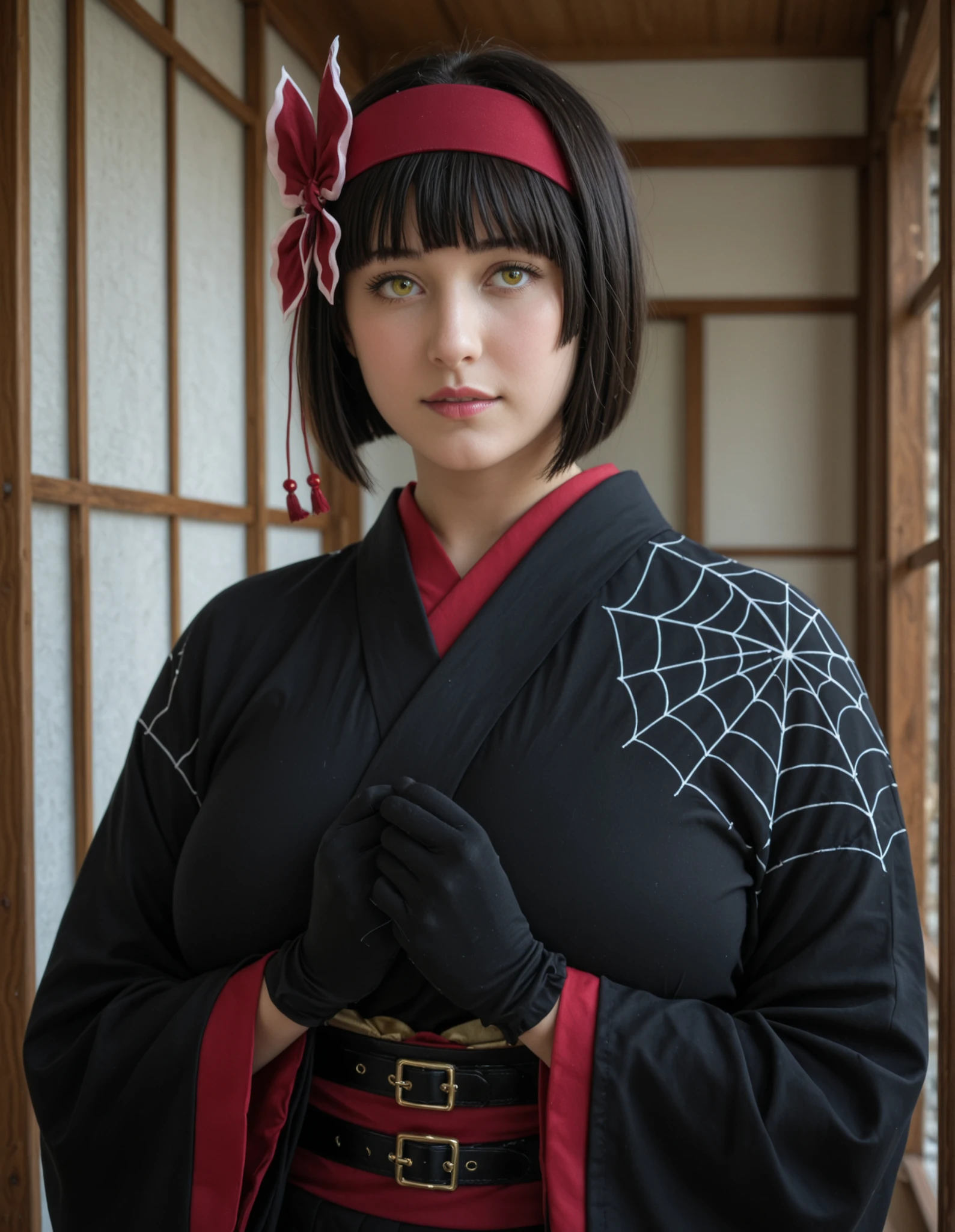 best_quality, absurdres, ultra-detailed, highly_aesthetic, 8K, UHD, highly_detailed_eyes, photorealistic, realistic, cosplay, masterpiece, perfect face, ultra detailed, best quality, finely detailed, beautiful lighting, highres, 8k wallpaper, cinematic lighting, highly detailed eyes, dynamic angle, stunning composition, realistic skin, , expressive eyes, perfect face, (huge breasts,large breasts:1.2), black gloves, bow, kimono, japanese clothes, yellow eyes, bangs, bob cut, blunt bangs, short hair, black hair, mio-mlf, hair ornament, super beauty face, (huge breasts,large breasts:1.1), village, japanese architecture, spider web, waist, (full body view:1.2), cosplay, looking at viewer,