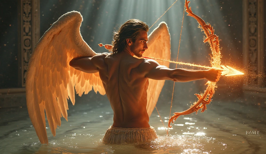 Angel man with a bow aiming his arrow forward (to the viewer) The image has to focus on what is pointing at us with its arrow, and blindfolded, with bare chest, with cold and dark colors, The foreground has to be the arrow and then the boy pointing at us