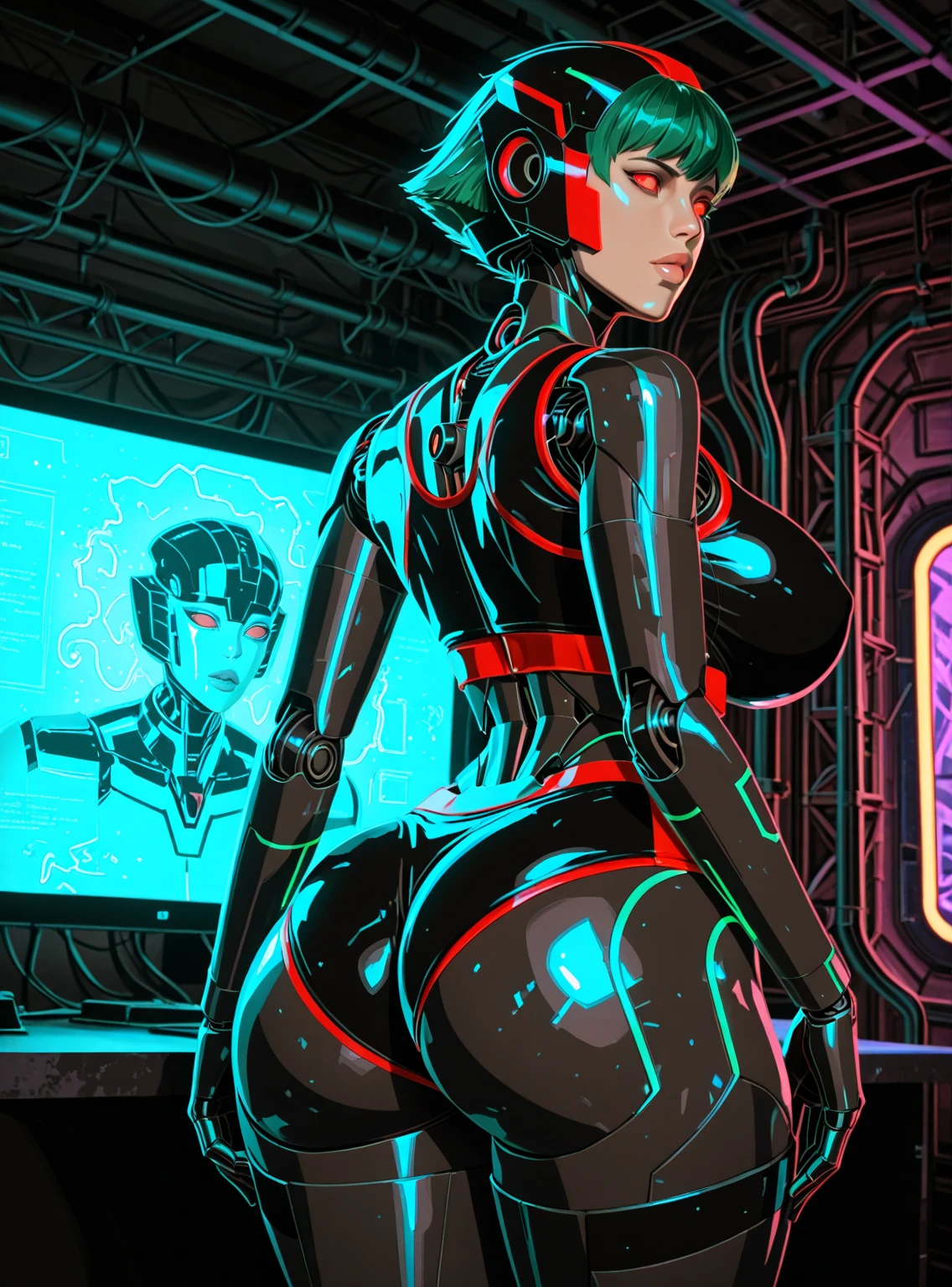 (nsfw5) (((1boy))), (((anime boy))), 20 years old, muscular body, black hair, black latex suit, black latex, skintight no zipper neck entry black latex suit, fullbody black latex suit, shoulder plastic armour, ((wearing virtual reality headset1.5)), visible eyes, ((thick cables plugged on headset)), cat ears, cyborg, latex, cyberpunk, cyberpunk hospital, (thick cables plugged on crotch1.5), red lightning, mind reprogramming, ((corruption bodysuit)), blank stare, crotch bulge, restrained, (heads-up display), wearing black lipstick, (((cables plugged into cat ears3))), (((transformation into robot3))), (((assembly line arms5))), charging port on anus, (((charging cable plugged on anus3))), visible charging, (battery percent level), charging station, robotic spine, cables plugged into spine, aquamarine suit lightning, open ring gag in mouth, (((super thick cable plugged on gag5))), progress bar on virtual reality headset