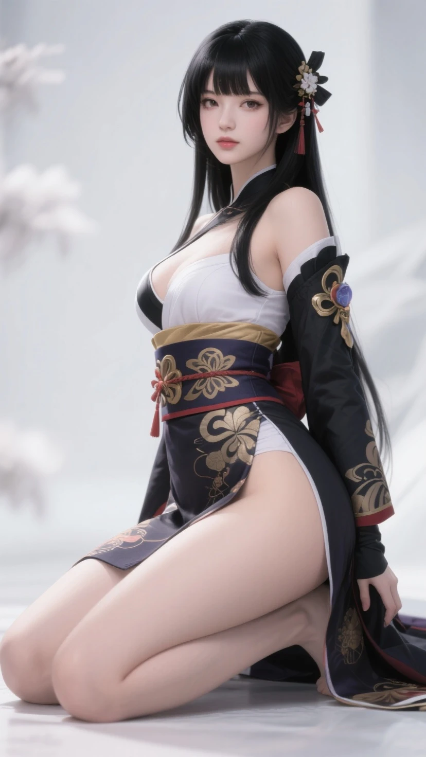 Naked beauty with long black hair ，Japan Armor，cleavage，Bare Legs，barefoot，Japanese Shrines