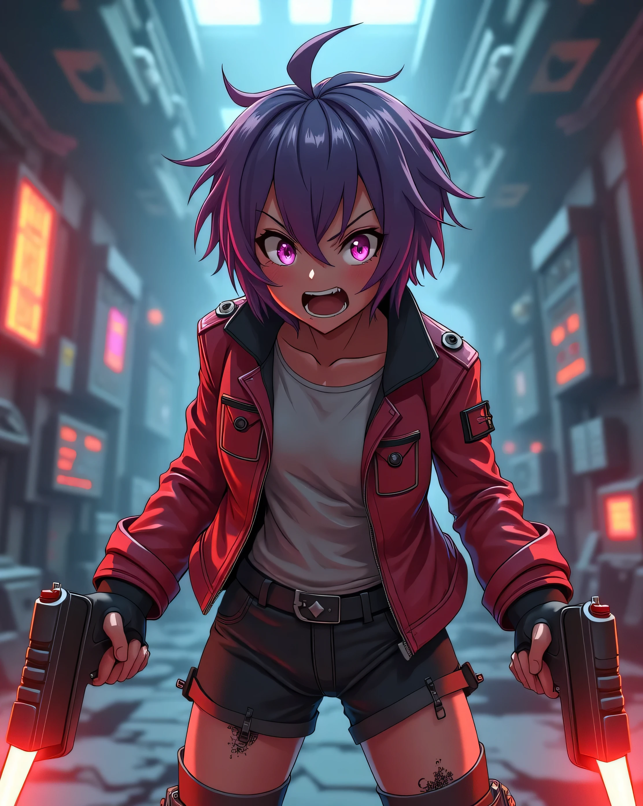 a anime girl with sharp fangs showing, with small build, full body, sharp angry expression, holding dual futuristic pistols, wearing a torn futuristic leather jacket with glowing seams, messy spiky hair, short wild purple hair, screaming in rage, standing in a ruined control room glowing with red-orange lights, anime 3D, detailed skin, powerful dynamic energy, masterpiece Furious anime-style girl