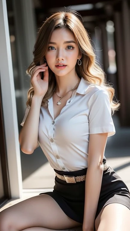 (High resolution 8K, Masterpiece, Only the best quality complicated details Chromatic aberration) realistic ((small breasts)) Hair sprinkled in one eye., Very large round silver earrings worn on the ears.., Diamond choker, red gemstone necklace, medium sized silver necklace, bracelet, Many bracelets, leather strap watch, Anklet, Waist necklace, stilettos, sharp eyes, necklace, (symmetrical eyes), (Perfect symmetrical body), (Photo of a beautiful 19 year old teenage girl..), Beautiful and charming with contemporary fashion paintings as well.., looking at the audience, ((Sitting in the five-tiered red amphitheater behind a large glass room..)), ((black short skirt)),(((tired ((white short sleeve shirt), ( Open the shirt and show off the small breasts.,Soft milk), no bra)), (open chest),)), (Medium soft chest)), (Long square leather belt buckle), Put your hands down, (Light brown golden blonde bob, large spiral curls, (There is some hair covering the face...)), sharp eyeliner, dark eyes, eyelid, Blush with thick eyelashes, Curly eyelashes, Very delicate and beautiful, Sharp focus. elegant. (Spread your legs moderately in the stands.. ) (open legs, Look at the panties..) (open your legs and lift your left leg up. (natural release) It&#39;s an attractive example., Keep your legs at natural eye level..., separate from each other, black stockings, (University outfit)
