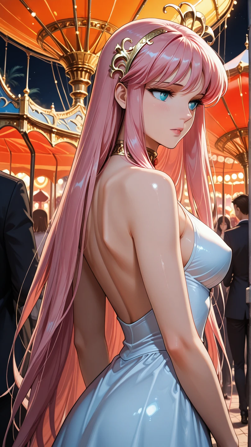 best qualtiy,Masterpiece, Ultra high resolution, background details, Realistic, ((best quality, 10, Special details, Masterpiece: 1.3)) , (side camera angle: 1.5), One young woman,Black sexy outfit, pink hair, 25 years old, (Inside the narrow bar counter), ((Many excited spectators were around.:1.4)), (), (The light is dim.:1.3), boxing ring), (point to the camera: 1.1)