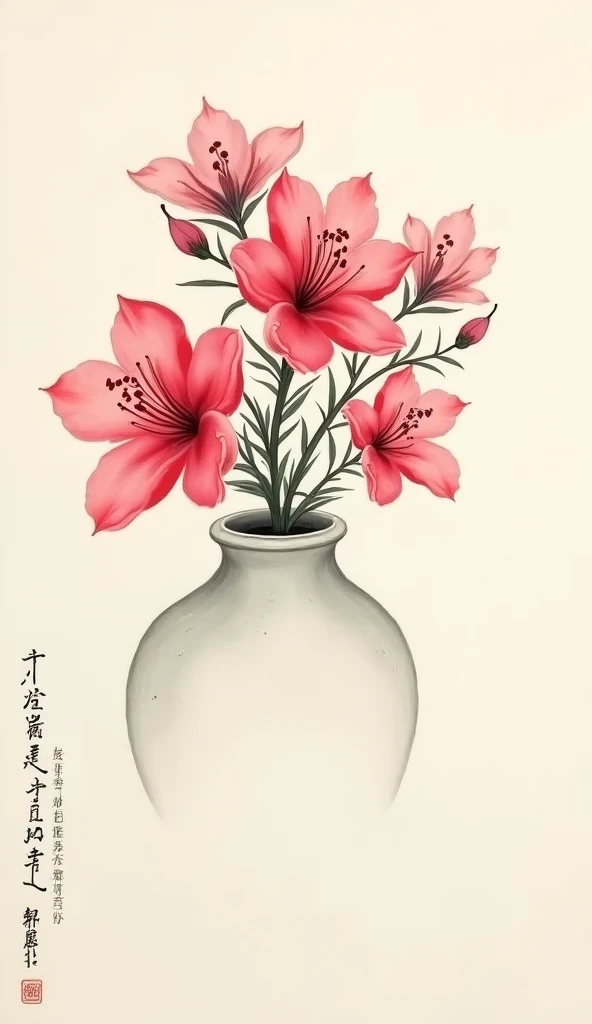 there are many red flowers that are in a vase, Chinese watercolor style, Chinese painting style, author:Park Hua, Traditional Chinese watercolor, author:Mei Qing, author:Shitao, Watercolor illustration style, Watercolor painting style, Middle metaverse, By Leng Mei, author:Liang Kai, author:Huang Ji, By Ren Xiong