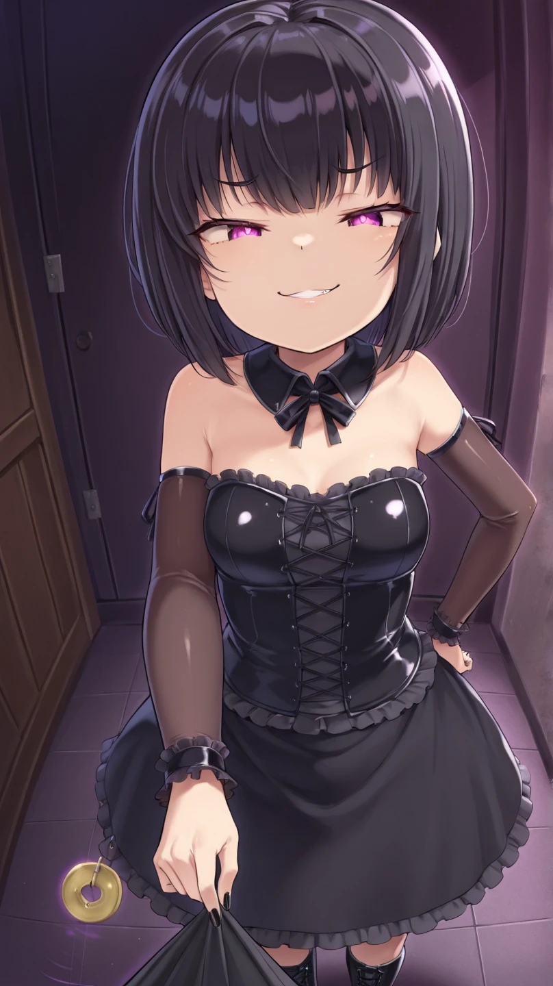1girl,solo,(standard height),full body,standing,(black hair:1.2),short hair, (red hairband),hair bow,hair ornament,hair ribbon,(yellow eyes:1.2),(beautiful fingers:1.4),(perfect anatomy:1.4),(arms_behind_back:1.6),(cold_shoulder:1.2),(black leather lace glossy silk lamé leotard:1.4),(latex luster shiny glossy metallic:1.6),(shiny_clothes:1.6),medium breasts,beautiful breasts,(masterpiece),best quality,(Ultra high definition eyes:1.2),8k,(Beautiful detailed eyes:1.2),(Fine and beautiful eyes:1.2),(pretty eyes:1.2),finely detail,extremely CG, absurdres,high resolution,illustration,Detailed and beautiful outlines,finely detail,high resolution,(colorful refraction:1.4,Increase saturation:1.2),beautiful lighting,dynamic lighting,closed room,black background,simple background, smile,looking at viewer,mio,black gloves,spider web print,sash,obi,black japanese clothes,purple kimono,(black thigh boots:1.4)