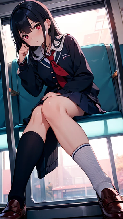 NSFW,4K,Gal:1.3,Anatomically correct,school uniform:1.3,A pure and innocent girl, Very cute face, Like an idol, (masterpiece:1.2), (high quality), panties, loose socks, Hip, Blue Skirt, alone, Blazer Type, loose socks, Lifting clothes, Brown eyes, pure gaze, mini skirt, Lift yourself up, Check skirt, blush,((Mid-chest)), (Sweating profusely), Long Hair, physical education, Beautiful legs, ((in the train))
