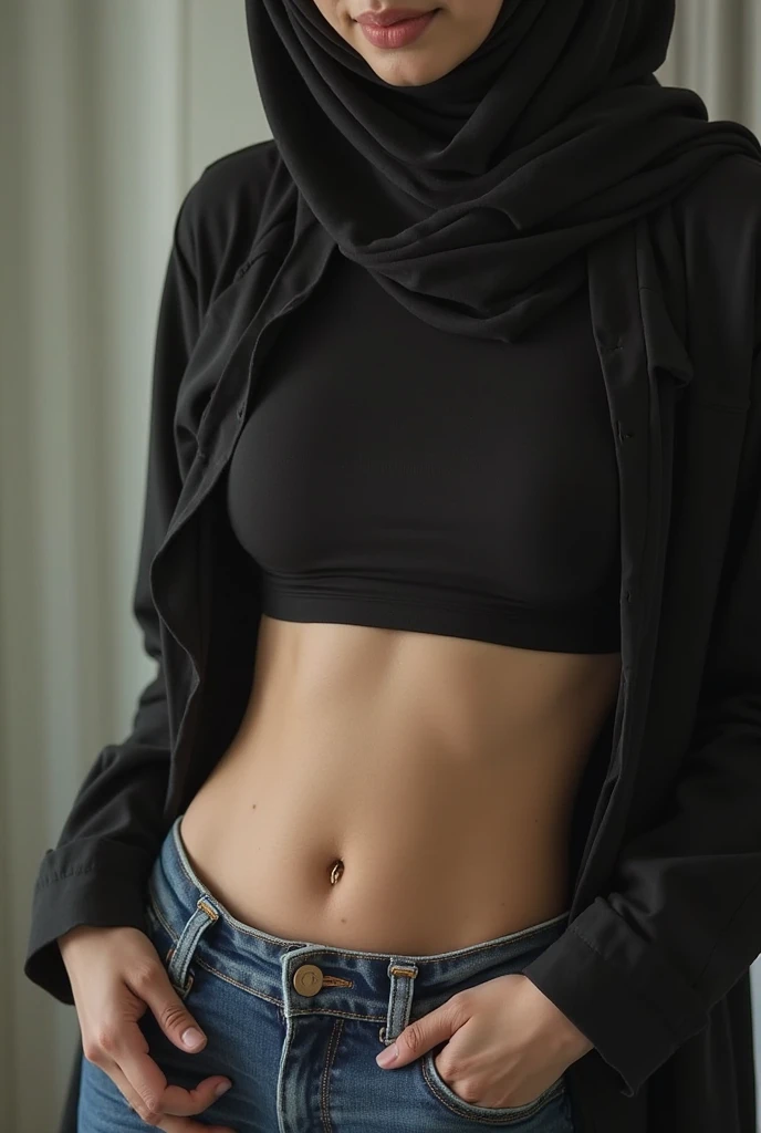 a beautiful young woman wearing a hijab, bare-chested with very short trousers, her curves clearly visible, an 18-year-old Indonesian woman with a facial expression holding back pleasure, detailed face and features, photorealistic, high quality, dramatic lighting, cinematic, intricate details