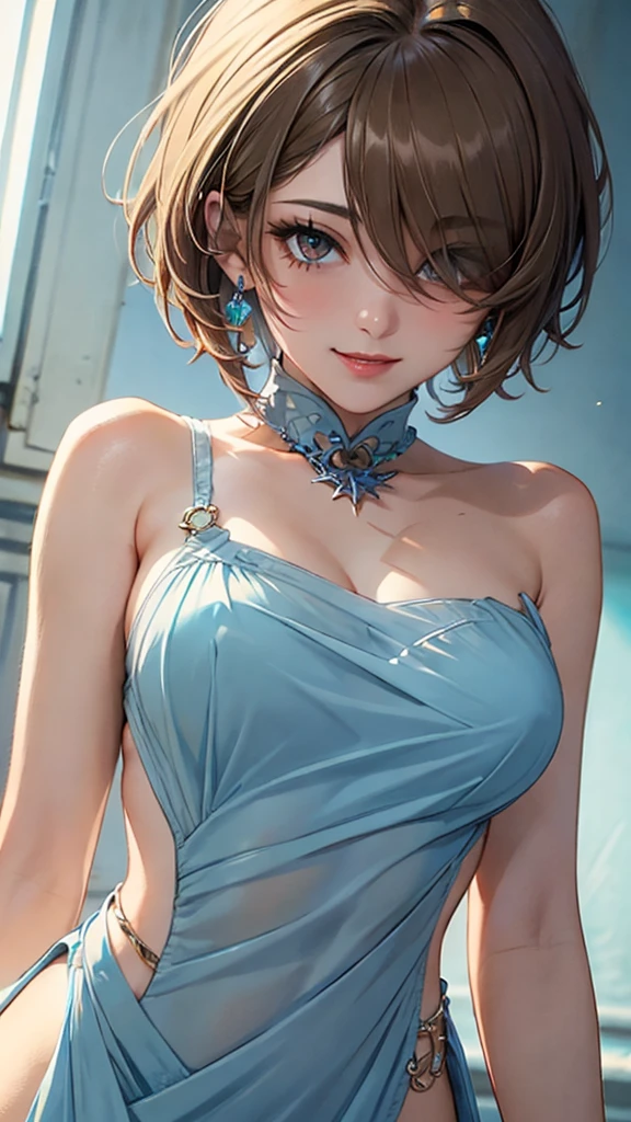 An alluring anime illustration of a beautiful young woman with a busty, curvaceous, and slim figure, (big breasts:1.3), showcasing perfect body proportions. She is elegantly dressed in a deep-v evening gown that appears to be magical, with shimmering colors and intricate details. The background is simple and minimalistic, allowing the focus to remain on the stunning character. The image is rendered in 3D, adding depth and realism to the enchanting scene., 3d render, illustration, anime