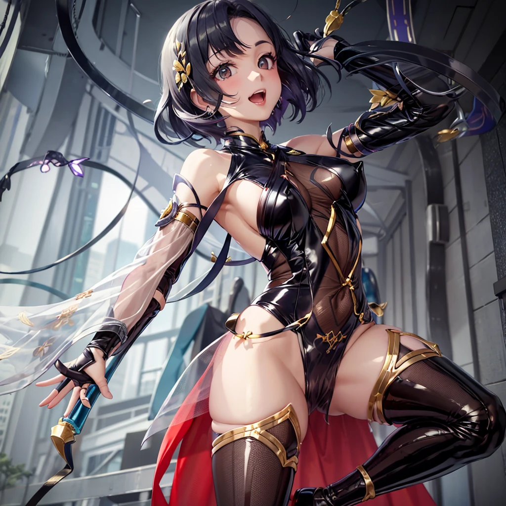 long hair, (black hair:1.3), forehead, forehead mark, anatomically correct, heavy breathing, huge breasts, breast press, highleg leotard, print pantyhose, bat print, head wings, bat wings, bridal gauntlets, (shaded face:1.2), hollow eyes, yellow eyes, looking at viewer, (heavy breathing:1.2), smirk, upper teeth, forehead mark, makeup, katana, 