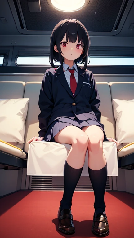 1girl,10yo,petit,,,miniskirt,thighhighs,,shoes,in train,sitting,grin,
