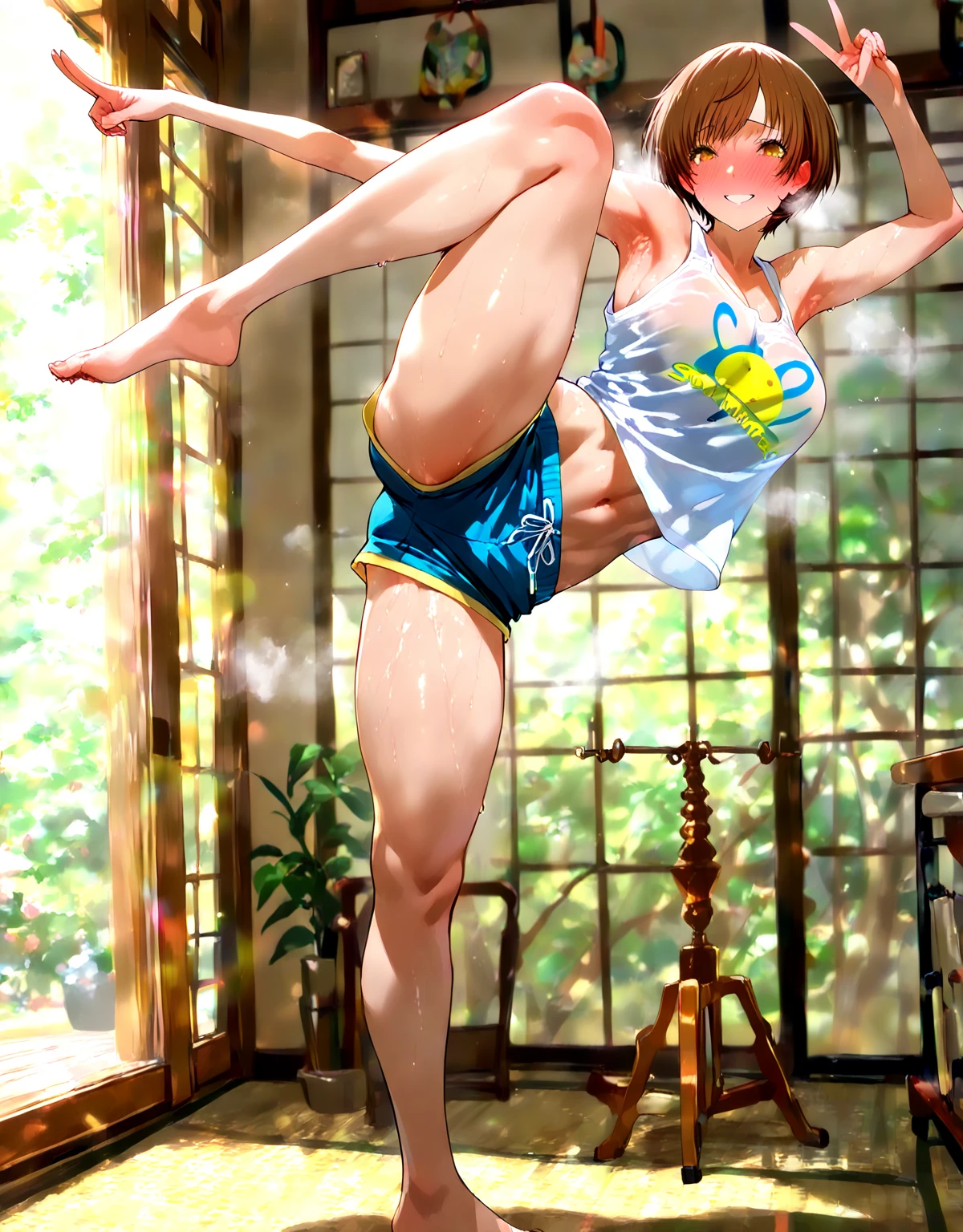 masterpiece, best quality, high definition images, atmospheric perspective, expressive eyes, perfect face, ultra detailed, solo, 1mature seductive woman in navy competition swimsuit , alluring pose, brown semi short hair, large breasts, calm smile, open mouth, sweaty, high legs, from below, in study room,