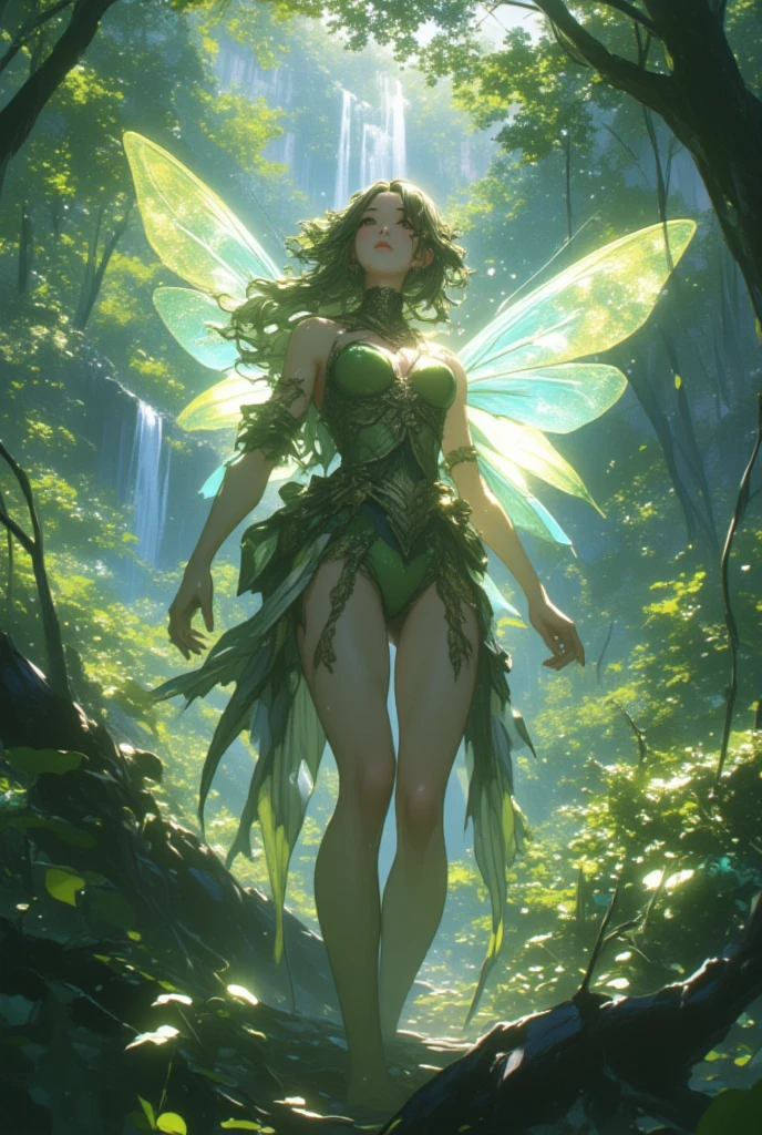 MILF, big tits, in glass, fairy, butterfly wings, dress made of rose petals and green leaves, glass standing on stump, forest, emerald, forest, flowers, god rays, Marc Simonetti, Tom Bagshaw, Greg Rutkowski, studio lighting, detail face HD
