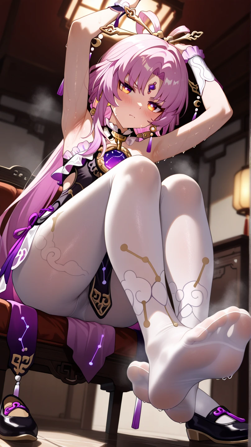 ((tmasterpiece,best qualityer)), high light, 1girll, Fuxuan,Lying in bed ,Open your legs , no shoe, White panty hose, , , inside in room,