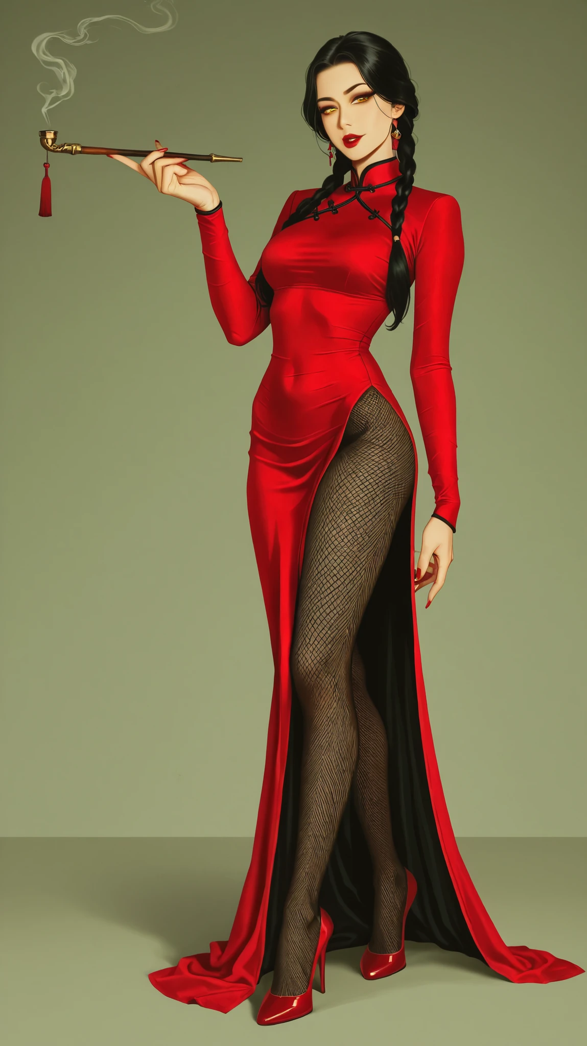 A character reference concept art in a realistic style  in a frontale view full body shot standing in A-pose with no background. The character is a female Chinese merchant in her 30s, black braided hair ,golden pins, golden eyes, classy makeup, beautiful faces features, thick kissable lips, seductive sweet look, 160cm, medium stature, medium hight, mature fit body, venus body, wearing traditional chinese qipao red dress, black fishnet leggings, red high heels. holding a golden smoking pipe in one hand, 