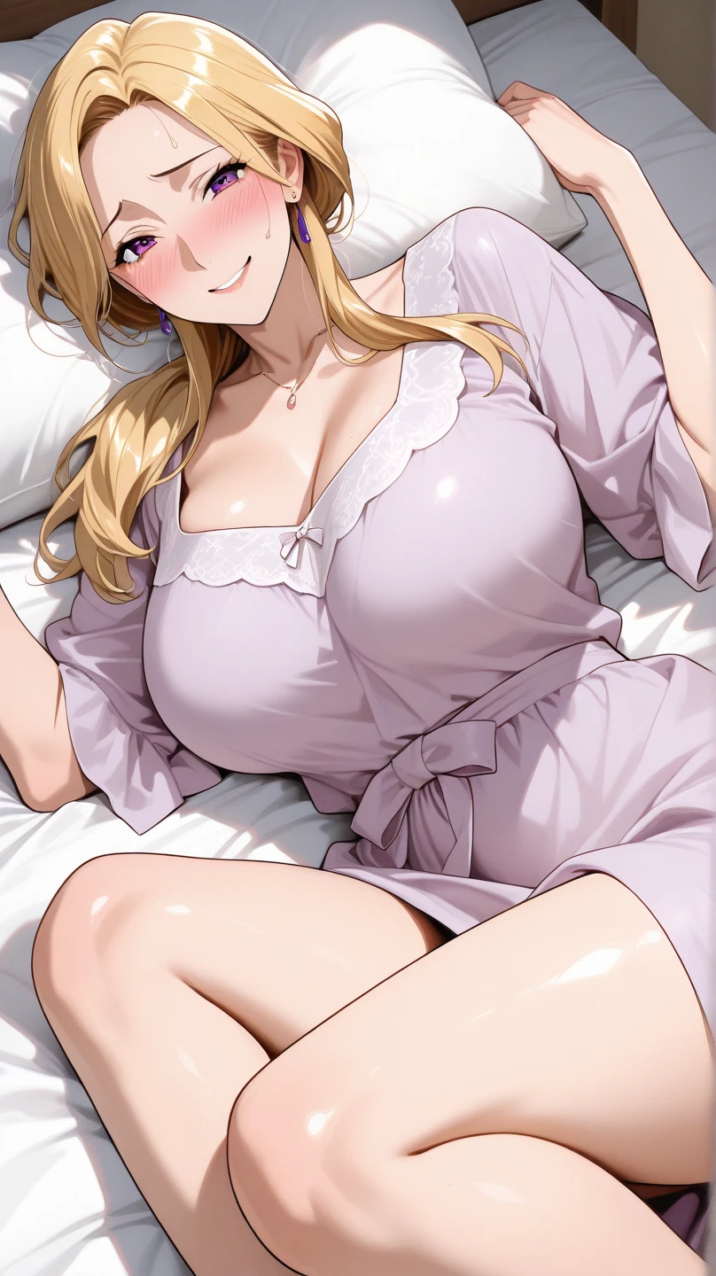 single female, long blonde hair, large chest, patterned kimono, kneeling on bed, seductive smile, blushing, (SOLO), bare legs, cleavage, boobs, shiny silk kimono, pattern kimono, flower in hair, full lips, (shiny) (shiny white kimono with gold and pink flowers), blue eyes