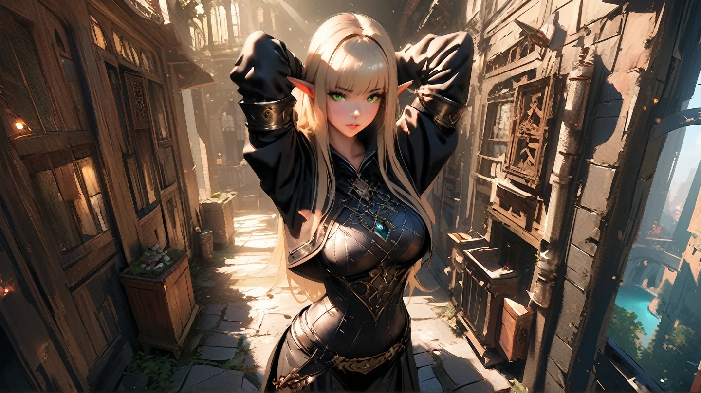 (High Detail:1.2) Anime Girl, (Best quality, Detailed), (dark and happy, gravelly:1.3, dark:1.2), 1girl, (solo), elf, long braids hair, light gold hair, ((blindfold)), long pointed ears, fair skin, big breasts, white dress, deep neckline, sinister, intense look, background dark, Volumetric light, hyper realistic, super detailed, Dynamic pose, (very sexy body, detailed face, detailed eyes, masterpiece, highly detailed, 8k, best quality, vibrant colors, digital art, concept art)