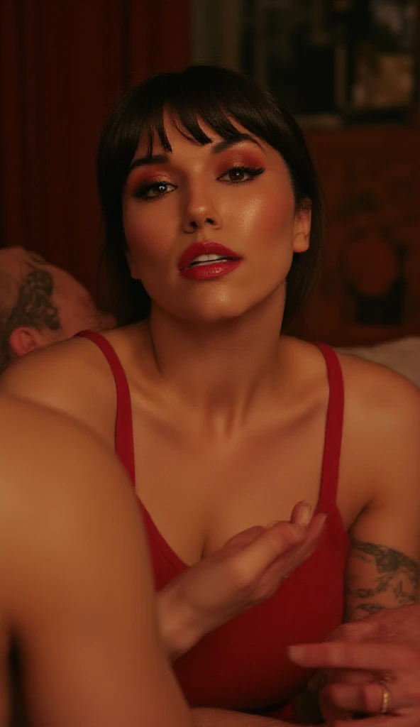 Remove the red clothing and fill out the breasts, following the natural size already established in the image.