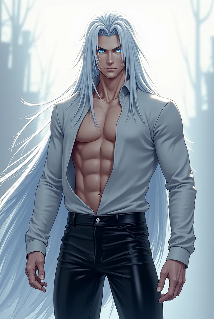 A highly detailed and ultra-realistic illustration of an elegant anime-style male character with long, flowing silver hair and fox ears. He has sharp features, pale skin, and intense golden eyes, looking to the side. The image captures him from the waist up, showcasing his loose, open shirt and well-defined chest. The background is simple, focusing on the character's intricate details and graceful presence