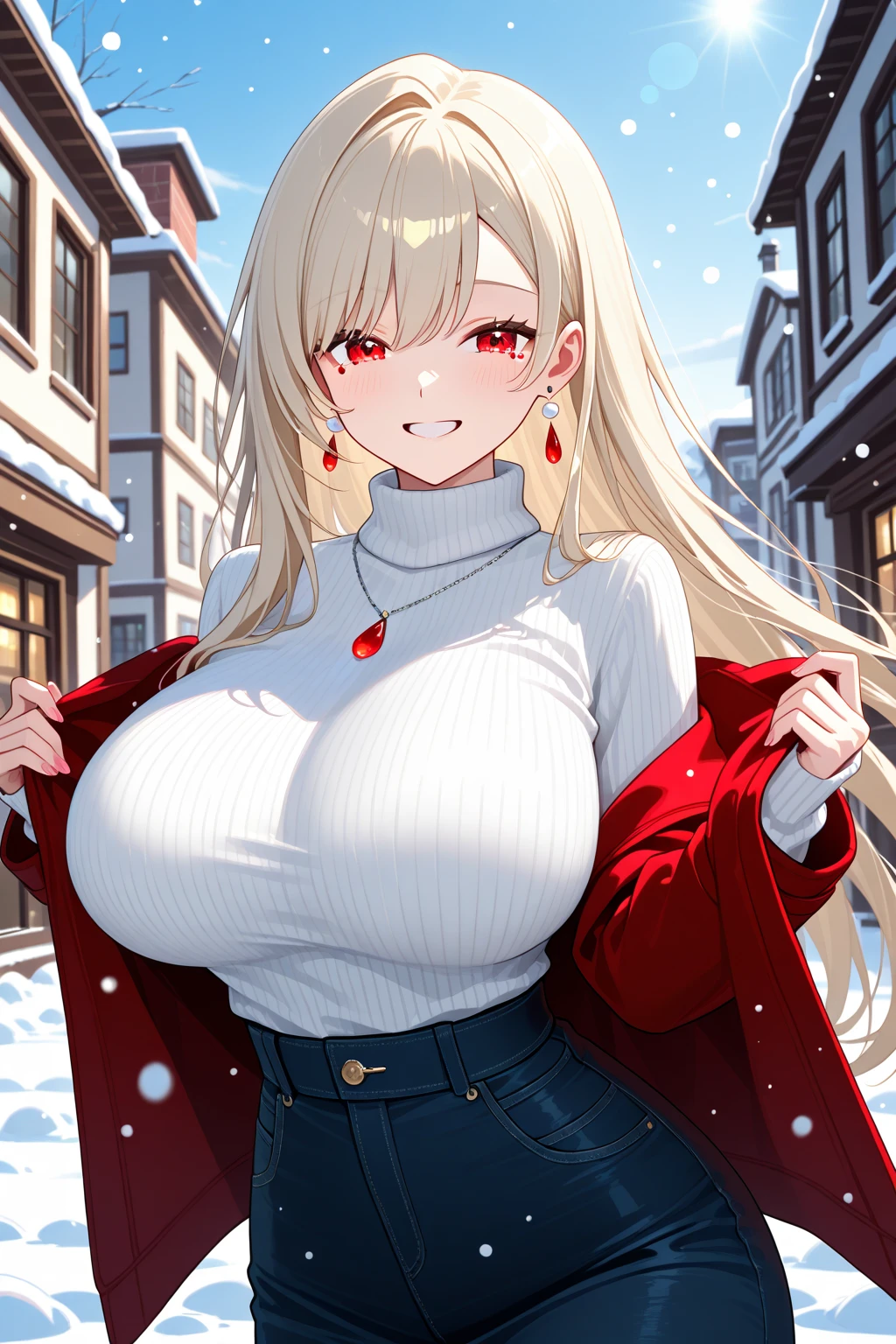 1girl, gyaru, dark skin, thick lips, pink lips, red dress, large breasts, long blonde hair, parted bangs, snowy mountain, masterpiece quality, ultra HD, 4K, best quality,