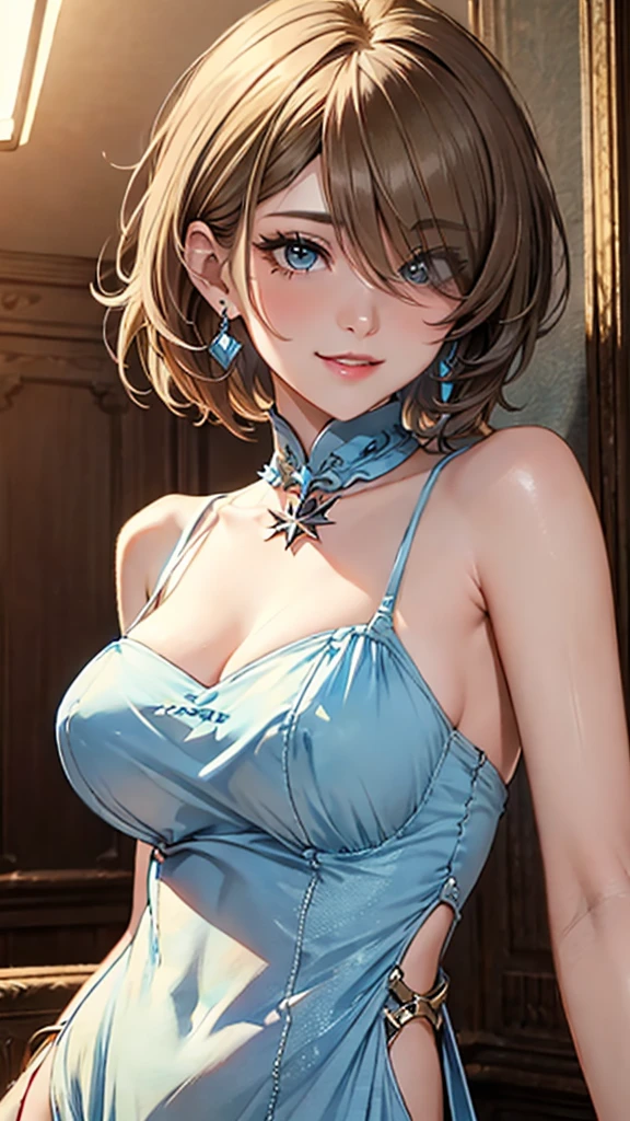 (best quality), (Super detailed), (Best Illustration), (masterpiece), score_9, score_8_up, score_7_up, (4k), nsfw, (1woman), (full nude), (large breasts), {brown hair, (sideburns), (bob cut:1.3), curly hair, hairs between eyes, colored inner hair}, {(detailed eyes), heart-shaped pupils, blue eyes}, parted lips, nervous, nose blush, earring, sweat,