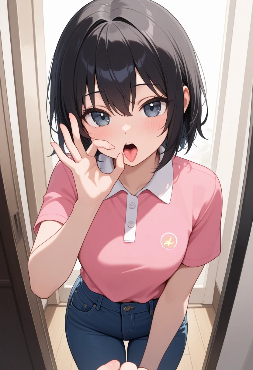 (((head shot))), ((from above)), frame in, from right in front of face and body, view straight on, upper body, High quality, very high res, High quality, very high res, cute girl, brown hair, forehead, blunt bangs, bob cut, blush, Brushed up bangs, wearing a plain t-shirt, shirt lift, medium breasts, pale pink nipples, I can see your belly button, (kneeling down pose) ,(1boys), ((pov short penis tip)), ((handjob)), ((hand penis)), at office