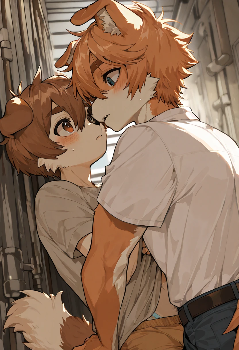 ((Two Boys、Furry、Young cat boy getting a blowjob、Yellow Hair、restrained by chains、Having an erection))naked、Bound to the wall、Pinned nippleouth gag、Shackles、Handcuffs、Back Alley、(((Boy on his knees giving a blowjob)))((A lot of semen、Intense 、))