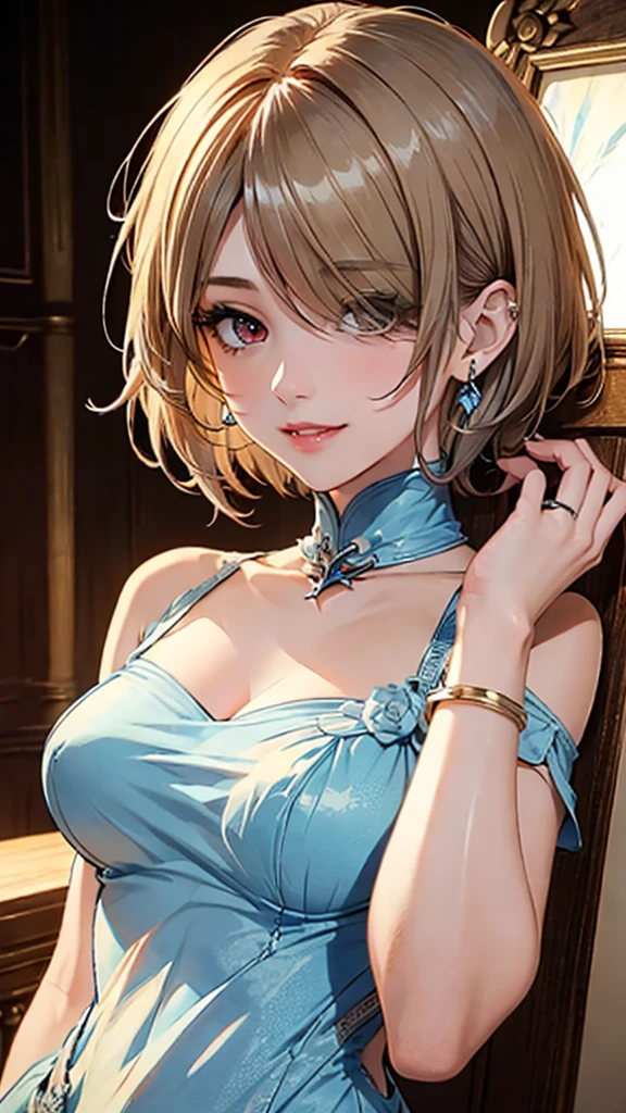 from the side,(Scenes,Fantasy Art,Highest image quality,Surreal主义肖像,(8K),Surreal,best quality,high quality,HD,High quality textures,High Detail,Beautiful and detailed,fine,Extremely detailed CG,Detailed texture,True representation of the face,On the table,present,Dynamic,bold),1 GIL,Ultra-delicate skin,curve,,Beautiful breasts,Huge Breasts,Pale skin,Pointed chest,stand erect,Ponytail,(Very thin hair),(Super soft hair),(Super straight hair),Sweep long bangs,very light copper amber hair,Hair covering one eye,Sportswear