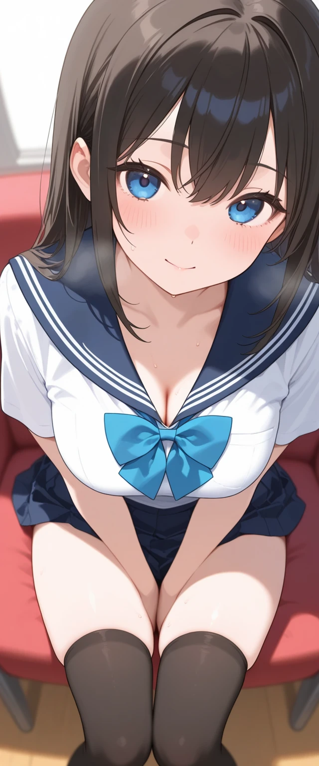 (best quality), (Super detailed), (Best Illustration), (nsfw), (1girl), look at viewer, white serafuku, (show off nipples:1.2), (show off breasts:1.3), very big breasts, curvy body, blush, {brown hair, (bob cut), curly hair, hairs between eyes}, {(detailed eyes), twinkle(in the eyes), blue eyes}, sweat, (school:1.3),