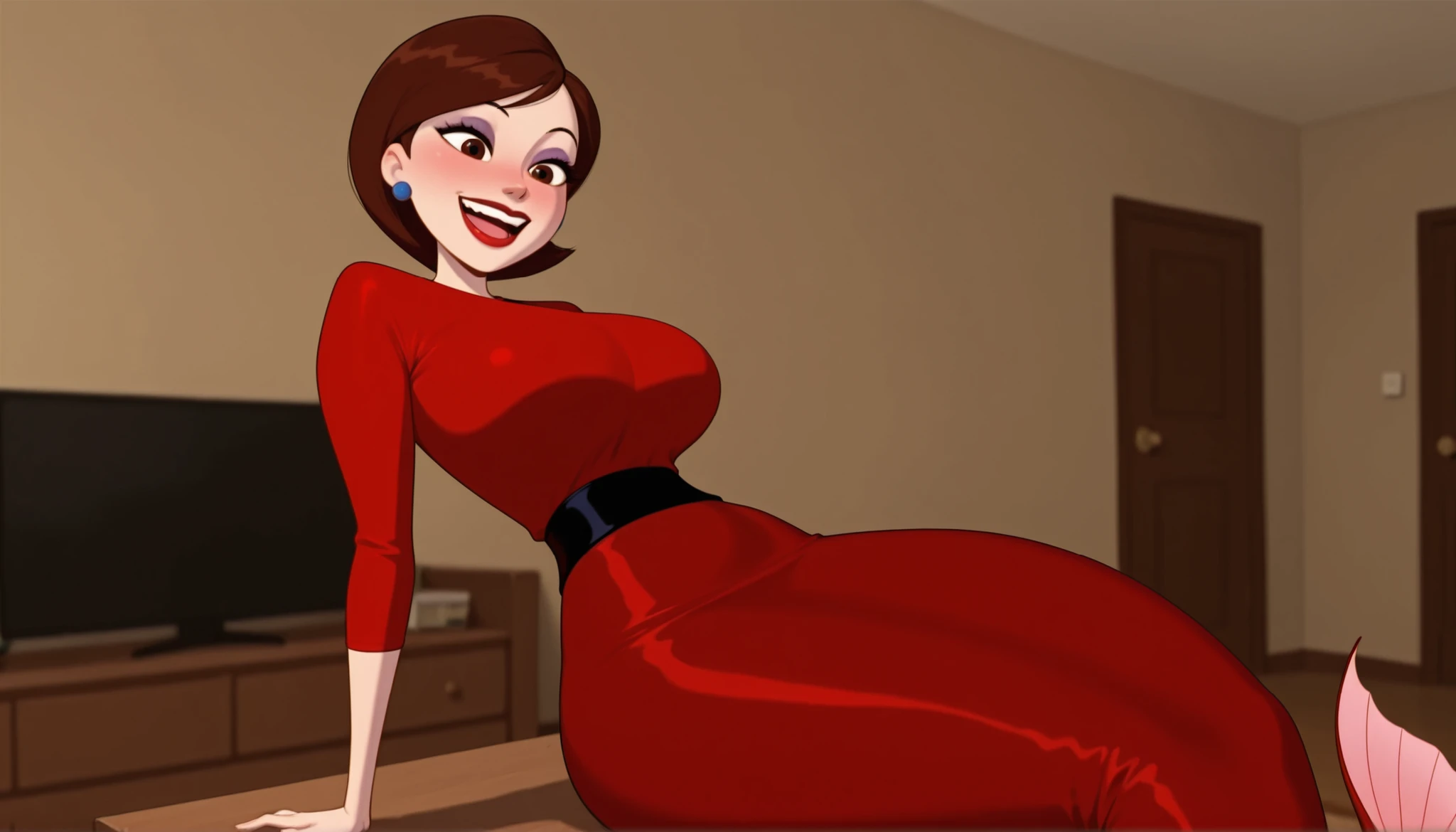 Helen Parr , mature female, medium hair, Bob_cut, brown hair, brown eyes, big eyes, long eyelashes, huge saggy breasts, narrow waist, thick thighs, huge hips, fair skin, thin hands, earrings, makeup, pink lips, lipstick.| masterpiece, best quality, amazing quality, 1girl, solo, sunww, tsirt, sash, mermaid, pink tail, sitting, arm support, smiling, happy, open mouth, teeth, upper teeth only, full-face blush, indoors, living room, skindentation, detailed clothing folds, depth of field, sharp, high contrast, dynamic light