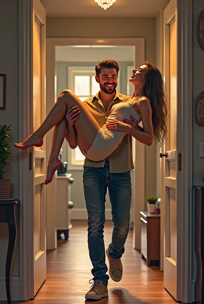 A wife opens the door for a man while there is a muscular man standing behind her and she is smiling