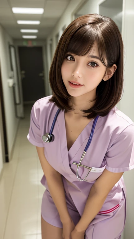 (photo Practical:1.4), (hyper Practical:1.4), (Practical:1.3), (Smoother lighting:1.05), (Improving the quality of film lighting:0.9)、Natural light、Professional photos, Practical portrait,(1 female), Medium Length Hair, Beautiful face and eyes, Sticking out tongue, very cute face, Smile, vitality, vitality, (Real short nurse uniform:1.2), White, (Chest Nurse:1.4),  (Ward), stethoscope, White Wallpaper, Sexy girl portrait, (view from below:1.2), Long-distance image