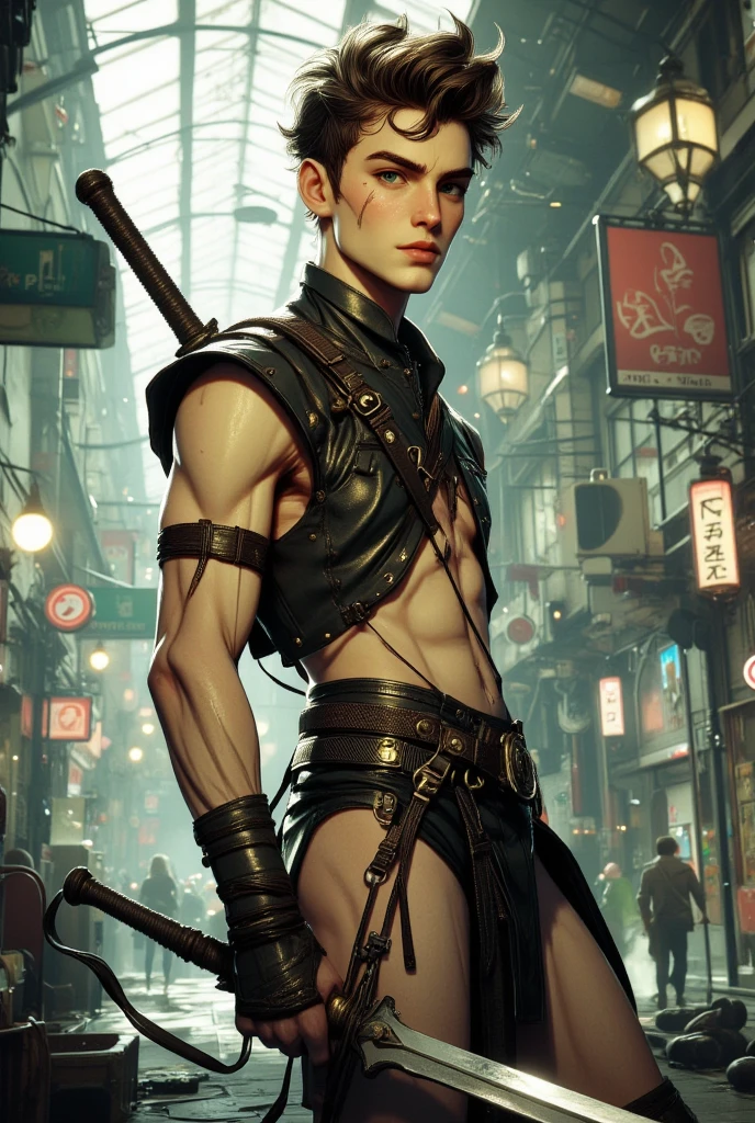 (extremely detailed CG unity8k wallpaper) | game_cg | masterpiece | best quality | illustration | {High resolution}|exquisite painting|aesthetic painting|high detail, beautiful and detailed eyes, perfect eyes, delicate face, delicate skin, delicate perfect nose, delicate perfect mouth, delicate perfect face, exquisite perfect body, in this cyberpunk world, a young and handsome Chinese male model, wearing a thong standing on top of a towering building. The golden ratio of his body is flawless, and the tattoos sparkle in the sun and attract everyone's attention. His whole body was already soaked. The wind blew through his thin body, brushed his belly, and his ears sparkled. He has a glowing nipple stud on his chest that makes him even more unique and charming.