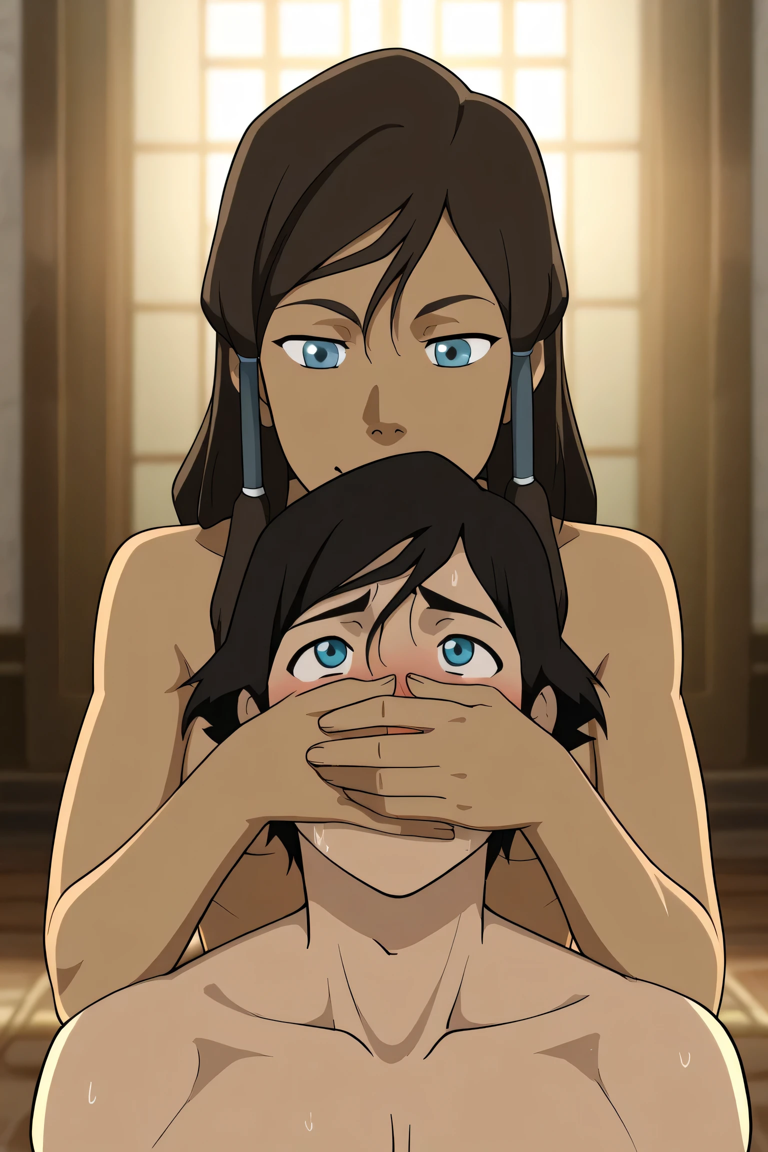 score_9, score_8_up, score_7_up, best quality, detailed face, detailed background, maximum detail, beautiful face, beautiful eyes, very aesthetic, absurdres, perfect lighting, anime coloring, nsfw, female on male, femdom, 1female, korra-v2, naked, fdom_rfb, covering another's mouth, femdom, 1boy, covering his mouth, covering mouth and nose, handsmother