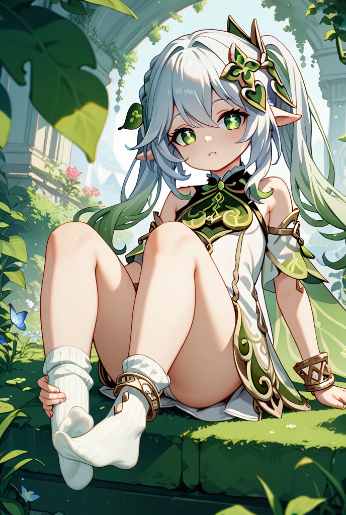 , , flat chest, nude, naked, short, thing legs, pointy ears, outside, bright sunlight, lying down, on back, good eyes, smiling softly, perfect body ratio, grass