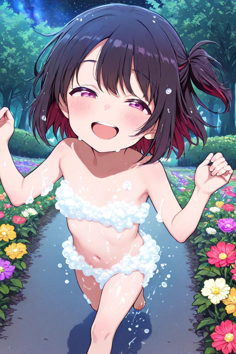 kaai yuki. brown eyes, black hair, ,short twintails, low twintails, short twintails, hair ornament, 11years old , , empty eyes , large breasts, nipple, Running, , Heavy snowfall area frozen wet crying mountain Alone, crying, Naked, solo, 1girl,