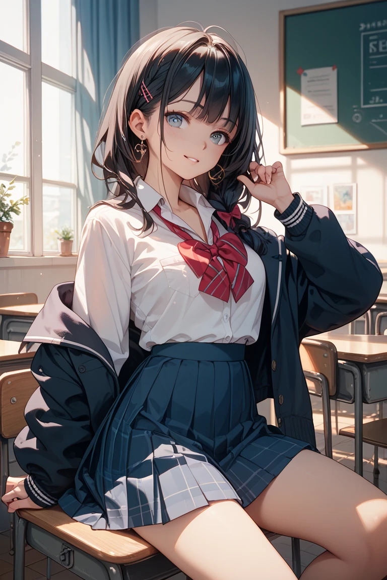 high quality, best quality, masterpiece, absurdres, shinonome ena, uniform, 1girl, solo, classroom, sitting_on_desk, black pantyhose