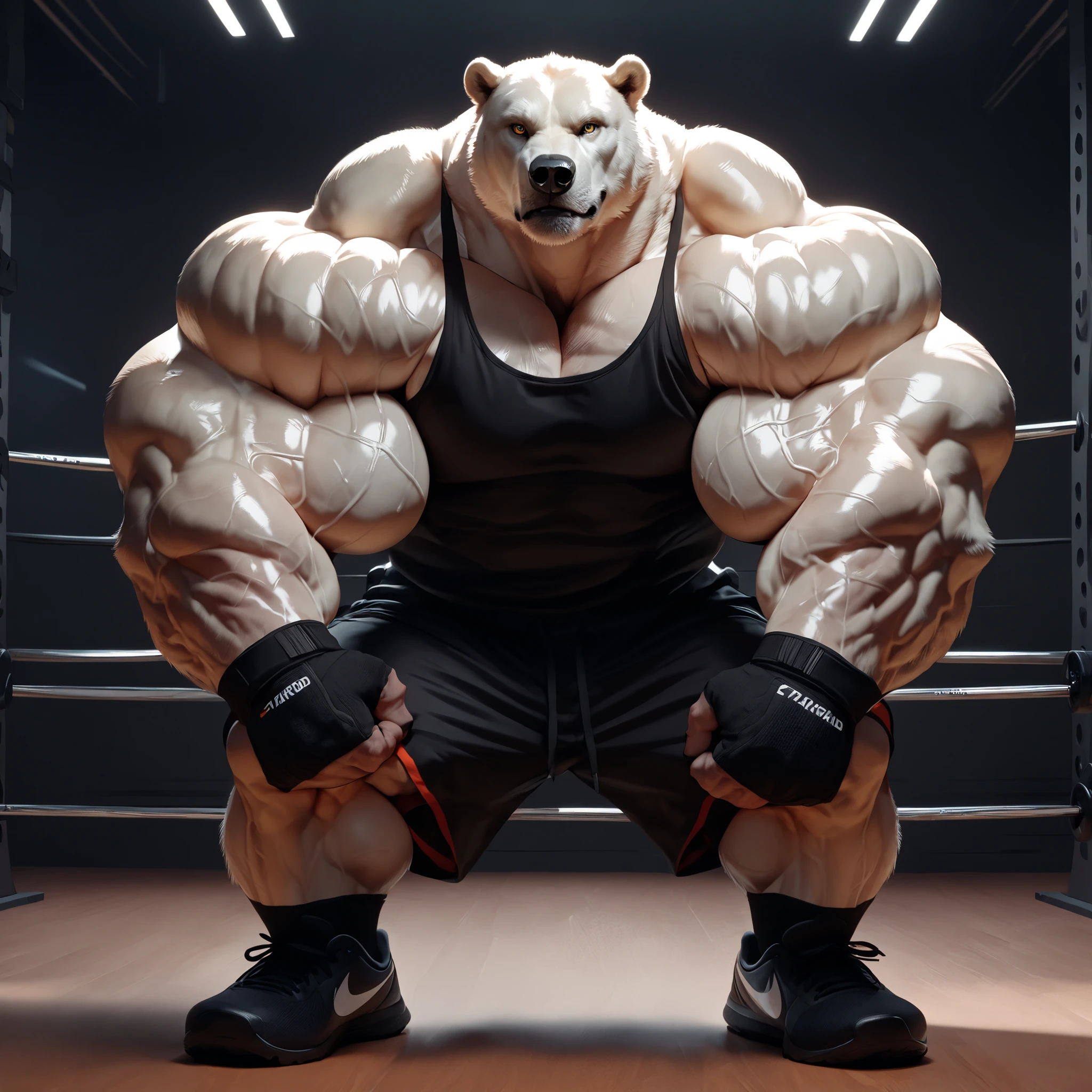 solo, 1boy, Huge Muscular White Polar Bear, huge white fur, pectoral, huge pectoral, wide pectoral, short white hair, ((really big muscle, massive muscular, sixpack, thick arms, wide pectoral, super huge muscle, hyper muscular, over sized muscle, huge arms, big arms, huge pectoral)), black kickboxing shorts, black toeless wootwear, fingerless kickboxing fighting gloves and shirtless and topless, white bearded, white Mustache, white fur, grey eyebrows, gym fitness center background, masterpiece, high detailed, 8k, high resolution, at the gym, flexes huge thorax, looking at the viewer, acting all hunk