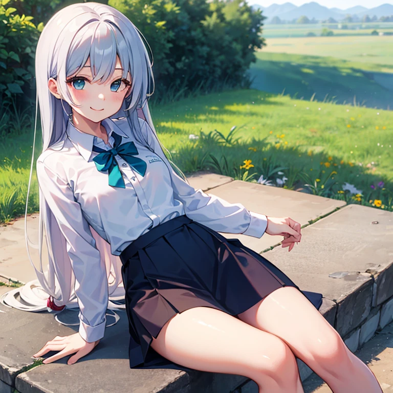 1girl in、A smile、A delightful!　The shirt、pleatedskirt、white skirt、（small tits）Squatting panchira、