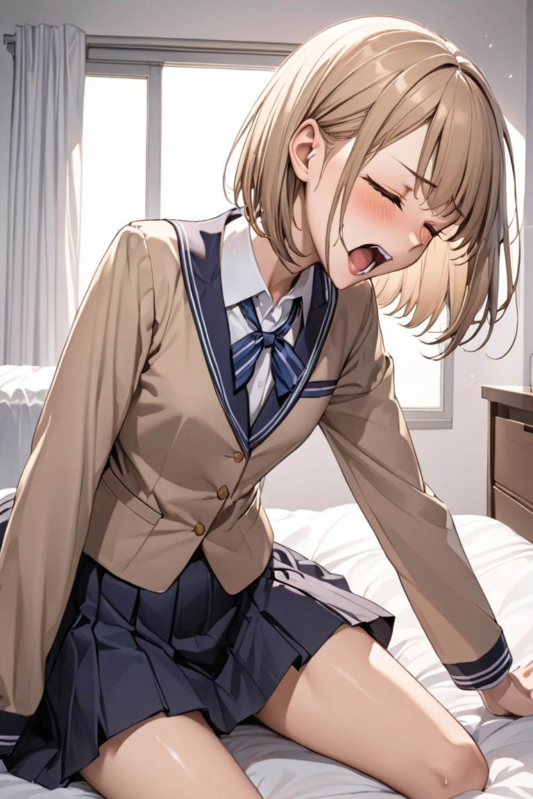 (masutepiece, Best Quality, hight resolution, nffsw, Perfect Pixel, depth of fields, 4K), Beautiful anime girl, Perfect body , ,(cum on body:1.6) , (bukkake:1.6), , ochaco_uraraka,  u.a._school_uniform, school_uniform, ,, blush_stickers, skirt,, pleated_skirt, jacket, , blazer, :d, long_sleeves,  shirt, grey_jacket, , collared_shirt, , white_shirt, blush, , green_skirt, ,  ,,nsfw,(ecstasy:1.3) ,(slut:1.2),(vulgarity:1.3),(fucked silly:1.1),(steam:1.1),(wet:0.8),(trembling:0.8),(tears:0.7) ,(drooling:0.6),(sweat:0.8), wince,(orgasm:1.5), {{{{{knees to chest}}}}} ,,{{{{{from directly above}}}}},{{asymmetrical docking}},{{boy's lower body}},{{{{girl's face and nipples and navel}}}},{{navel forcus}},{{{{pov}}}},{{{very close to viewers}}},,{excessive cum, intercourse with a man,full body,,,from front,{cum bussy}, hetero, cum, socks,[dakimakura(medium)],{{girl's liying on back}},faceless male,looking at viewer,{{facing viewer}},hetero,on bed,1girl and 1boy,nsfw,{{single picture}}, girl's hands down, girl's arms behind back, hands out of frame,,,,, (1 boy:1.8),,(hardcore,sex:1.8),
